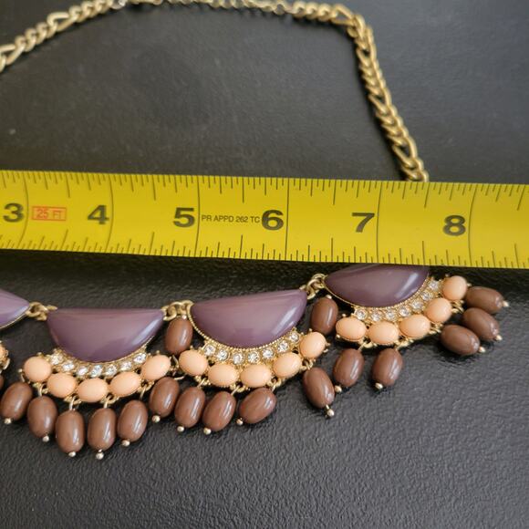 Vintage y2k Brown Pink Bib Necklace Rhinestone Gold Whimsy Boho Chic Cottage - Picture 5 of 7